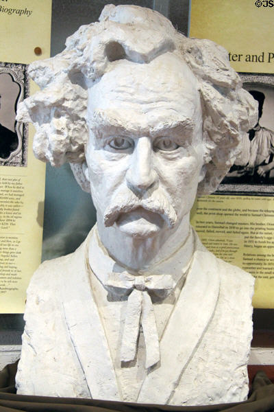 Bust of Sam Clemens / Mark Twain sculpted by Ushangi Kumelashvili of Tbilisi, Georgia, loaned by Calaveras County Arts Council, at Angels Camp Museum. Angels Camp, CA.