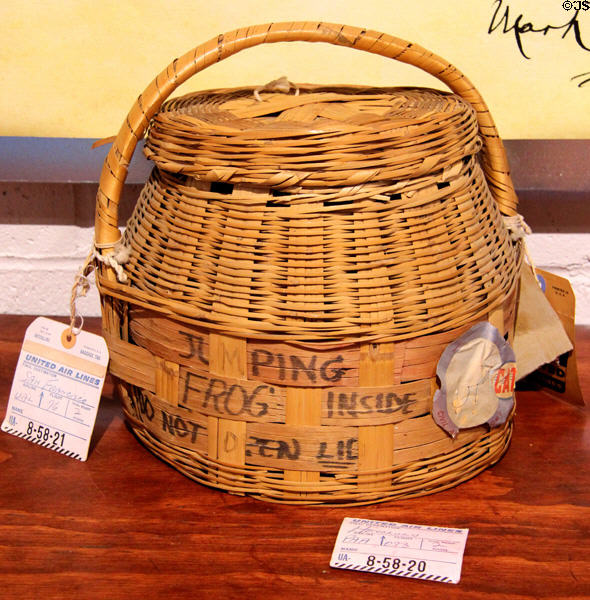 Basket which carried a jumping frog on United Air Lines at Angels Camp Museum. Angels Camp, CA.