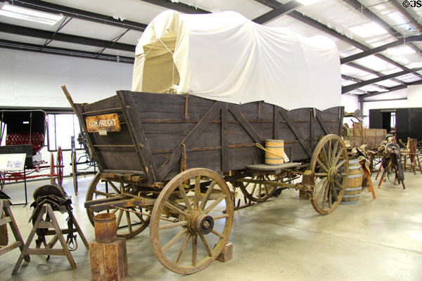 Farm/freight wagon able to carry several tons & pulled by teams of mules or horses at Angels Camp Museum. Angels Camp, CA.