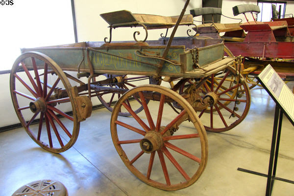 DeMartini farm wagon (c1870's), all purpose spring wagon used by DeMartini family to carry supplies and sell vegetables at Angels Camp Museum. Angels Camp, CA.