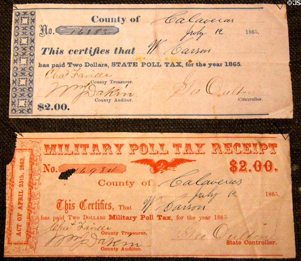 Poll tax receipts (1865) at Calaveras County Downtown Museum. San Andreas, CA.