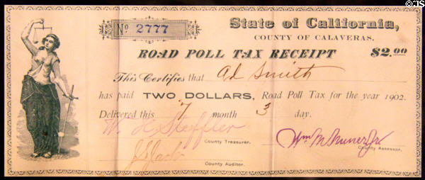 Road poll tax receipt (1902) at Calaveras County Downtown Museum. San Andreas, CA.