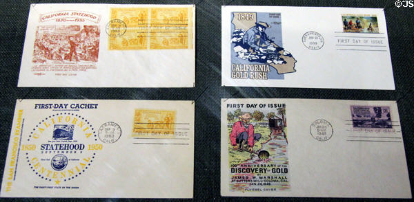 First day covers & stamps commemorating the centennial of California Statehood (1850-1950) & the 100th & 150th anniversaries of the discovery of gold in California in 1849 at Calaveras County Downtown Museum. San Andreas, CA.