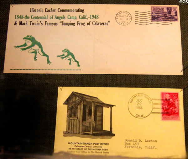 Envelope commemorating Centennial of Angels Camp (1848-1948) & Jumping Frog of Calaveras with stamp commemorating California Gold Centennial & envelope commemorating the historic Mountain Ranch Post office in Calaveras County at Calaveras County Downtown Museum. San Andreas, CA.