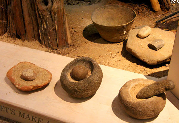 Stone mortars of Native American Miwok at Calaveras County Downtown Museum. San Andreas, CA.
