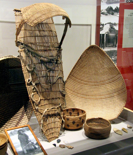 Miwok papoose carrier & baskets at Calaveras County Downtown Museum. San Andreas, CA.