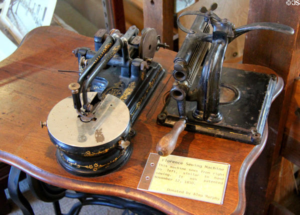 Antique Florence sewing machines (patented 1850) & crimping rollers at Calaveras County Downtown Museum. San Andreas, CA.