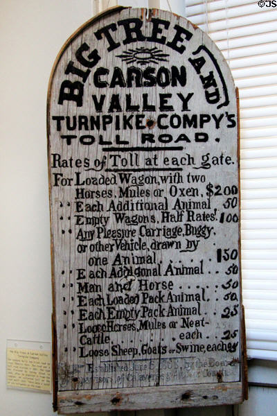 Wooden sign with toll gate rates (c latter half of 19thC) for road crossing Ebbetts Pass owned by Big Tree & Carson Valley Turnpike Co. at Calaveras County Downtown Museum. San Andreas, CA.
