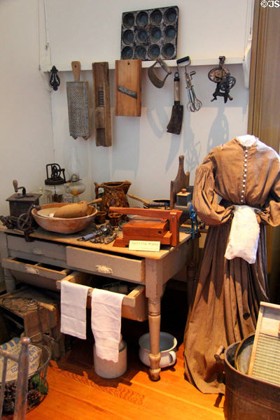 Kitchen utensils including tortilla press at Calaveras County Downtown Museum. San Andreas, CA.