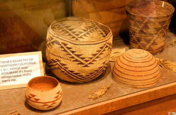 Twinned basketry of Northern California including Karok bowl, Achumawi storage basket & man's cap at El Dorado County Historical Museum. Placerville, CA.