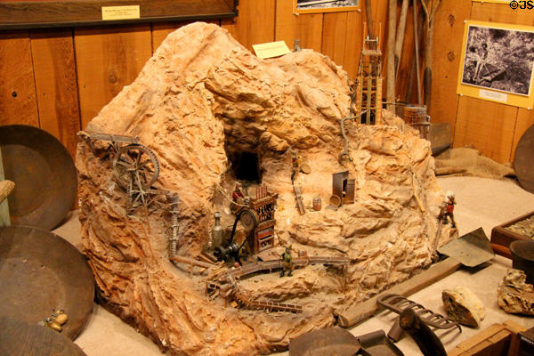 Model of miners at work crafted by Larry Stolicker at El Dorado County Historical Museum. Placerville, CA.