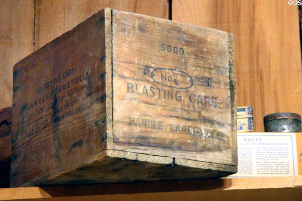 Wooden box used for blasting caps at El Dorado County Historical Museum. Placerville, CA.