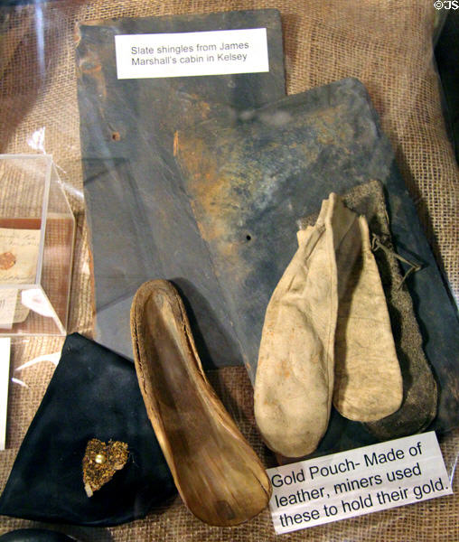 Slate shingles from James Marshall's cabin & leather gold pouches used by miners to hold their gold at El Dorado County Historical Museum. Placerville, CA.