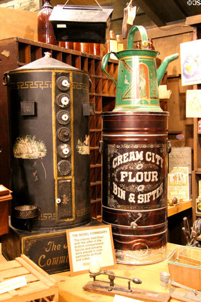 The Model Commissary decorated flour bin, sifter & crank along with spice & extracts dispenser at El Dorado County Historical Museum. Placerville, CA.