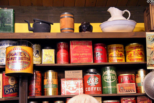 Shelves of typical canned goods in general store at El Dorado County Historical Museum. Placerville, CA.