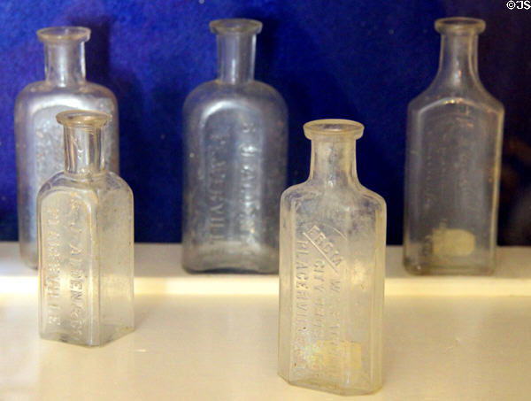 Locally made medicine bottles at Fountain & Tallman Museum. Placerville, CA.