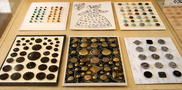 Button collection including Victorian glass, Golden Age Gilts (1830-50) & China Calico (c1848) buttons at Fountain & Tallman Museum. Placerville, CA.