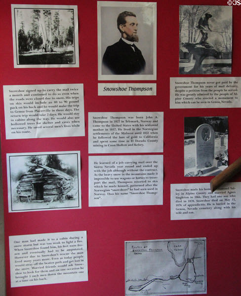 Information board recounting the life of Snowshoe Thompson at Fountain & Tallman Museum. Placerville, CA.