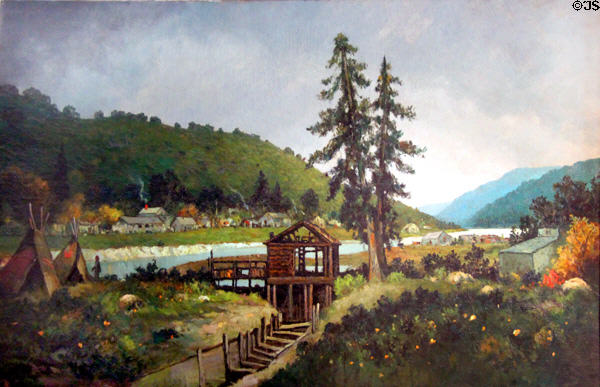 Artist's rendering of Sutter's Mill after gold discovery in museum at Marshall Gold Discovery SHP. Coloma, CA.