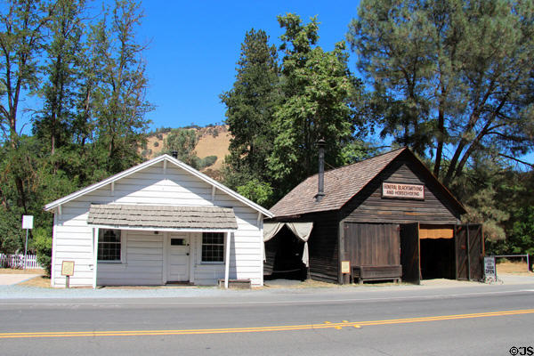 Monroe House (1925) & General Blacksmithing & Horseshoeing building on Main St. at Marshall Gold Discovery SHP. Coloma, CA.