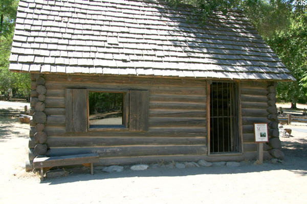 Replica of Mormon Cabin (1847) used by members of Mormon Battalion who helped construct Sutter's Mill at Marshall Gold Discovery SHP. Coloma, CA.