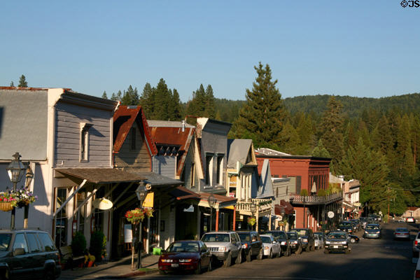 Heritage commercial streetscape. Nevada City, CA. On National Register.