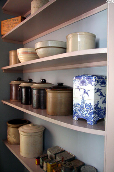 Pantry with ceramic bowls & crocks at Bidwell Mansion house museum. Chico, CA.