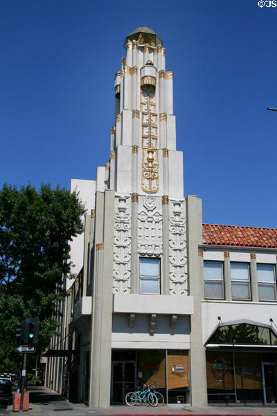 Tower of Art Deco building (5th & Main) near California State University Chico. Chico, CA.