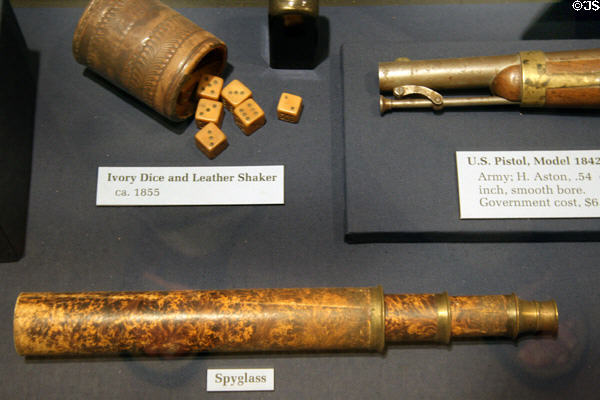 Ivory dice & leather shaker (c1855) & spyglass at Siskiyou County Museum?. Yreka, CA.