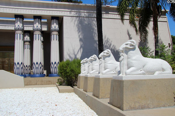 Row of rams in ancient Egyptian style before Rosicrucian Egyptian Museum. San Jose, CA.