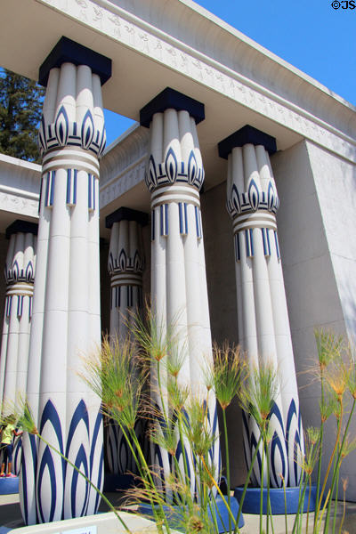 Papyrus & columns on facade of Rosicrucian Egyptian Museum. San Jose, CA.