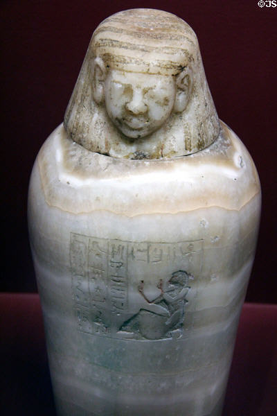 Calcite canopic jar for scribe of royal treasury (Dynasty 19 - c1292-1189 BCE) at Rosicrucian Egyptian Museum. San Jose, CA.