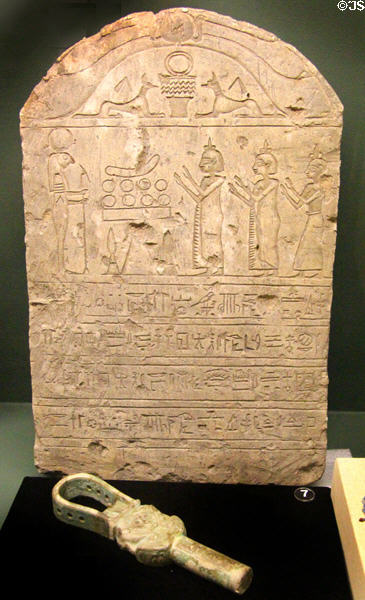 Limestone funerary stele of priest of Hathor (Ptolemaic period - c305-30 BCE) at Rosicrucian Egyptian Museum. San Jose, CA.
