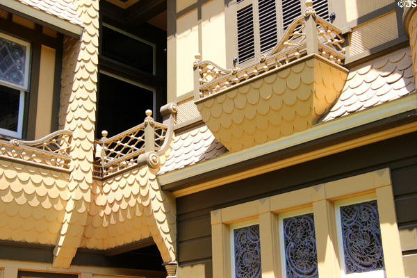 Elaborate balconies at Winchester House. San Jose, CA.