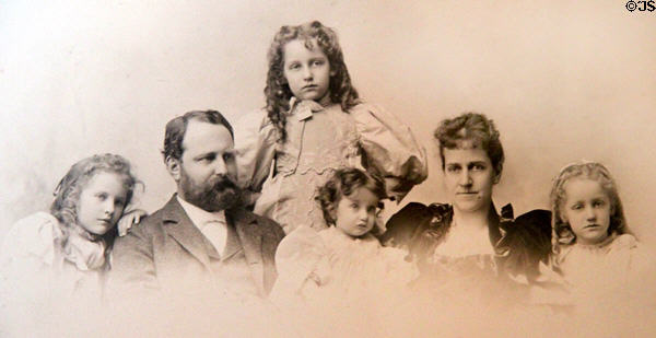 Portrait (c1896) of Gov. George Pardee, wife Helen N. & four daughters, Florence, Caroline, Madeline & Helen at Pardee Home Museum. Oakland, CA.