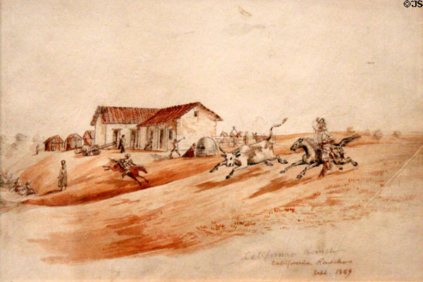 California Rancho watercolor (1849) by Alfred Sully at Oakland Museum of California. Oakland, CA.