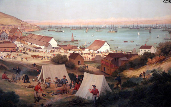 Detail of miner's tents on San Francisco in July, 1849 painting (1891) by George Henry Burgess at Oakland Museum of California. Oakland, CA.