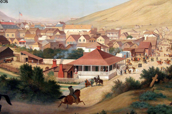Detail of buildings on San Francisco in July, 1849 painting (1891) by George Henry Burgess at Oakland Museum of California. Oakland, CA.