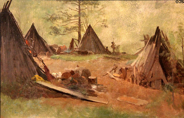 California Indian Camp: Scene near Mariposa painting (1872) by Albert Bierstadt at Oakland Museum of California. Oakland, CA.