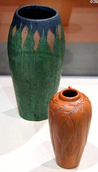 Earthenware vases by Arequipa (1912) & Redlands (1902-9) Pottery at Oakland Museum of California. Oakland, CA.