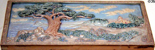 Earthenware Monterey Cypress & California Mission tile (c1930) by Muresque Tiles, Inc. at Oakland Museum of California. Oakland, CA.