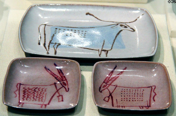 Ceramic plates with animals (1950) by Daniel Rhodes at Oakland Museum of California. Oakland, CA.