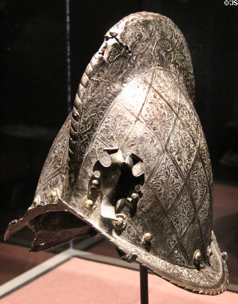 Engraved Spanish Morion helmet (late 17thC) at Oakland Museum of California. Oakland, CA.