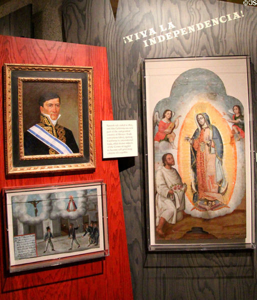 Display of Mexican history (1840-5) with portrait of Mexican Emperor Agustin de Iturbide (c1822) & religious paintings at Oakland Museum of California. Oakland, CA.