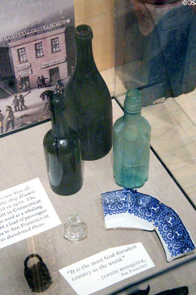 Objects unearthed from Niantic whaling ship abandoned in San Francisco harbor during 1849 gold rush at Oakland Museum of California. Oakland, CA.