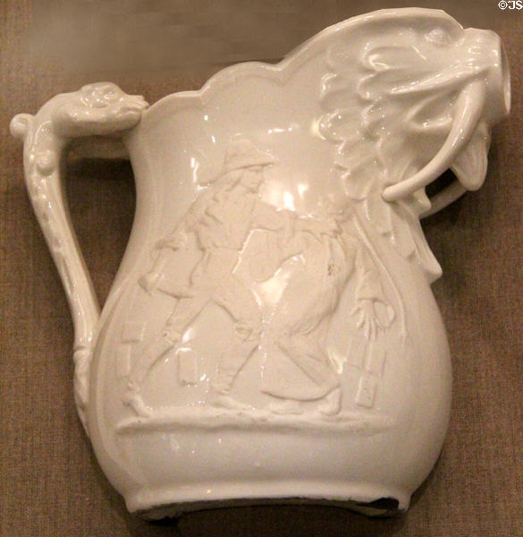Pitcher depicting Bret Harte poem (c1875) by Karl L.H. Müller made by Union Porcelain Works, at Oakland Museum of California. Oakland, CA.