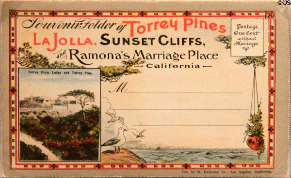 Postcard folder for Torrey Pines, La Jolla & Sunset Cliffs (early 20thC) at Oakland Museum of California. Oakland, CA.