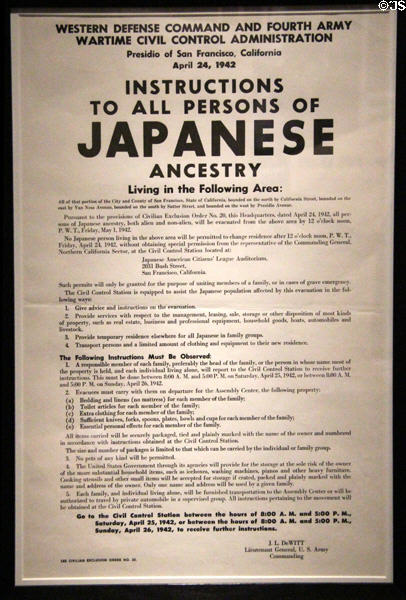 Instructions for Japanese Americans to evacuate parts of California under exclusion order # 20 (April 24, 1942) at Oakland Museum of California. Oakland, CA.