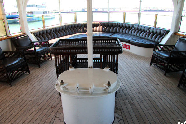 Back deck of USS Potomac with wide sofa to allow Roosevelt to sit without seeming handicapped. Oakland, CA.