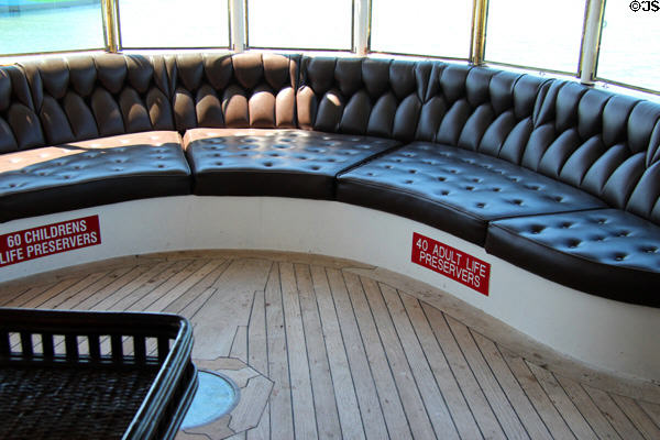 Wide sofa on back deck of USS Potomac allowed Roosevelt to sit without seeming handicapped. Oakland, CA.